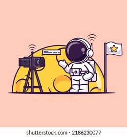 Cute Astronaut Vlogging On Moon Cartoon Vector Icon Illustration. Science Technology Icon Concept Isolated Premium Vector. Flat Cartoon Style