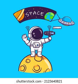 Cute Astronaut Vlogging On Space Cartoon Vector Icon Illustration. Science Technology Icon Concept Isolated Premium Vector. Flat Cartoon Style