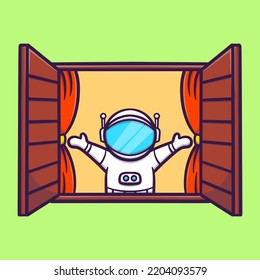 cute astronaut wakes up opening the window cartoon vector icon illustration