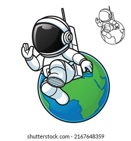 Cute Astronaut Walking Floating In Space With Earth With Black And White Line Art Drawing, Science Outer Space, Vector Character Illustration, Outline Cartoon Mascot Logo In Isolated White Background.