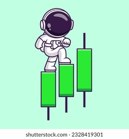 Cute Astronaut Walking On Candlestick Bullish Growth Cartoon Vector Icon Illustration. Science Finance Icon Concept Isolated Premium Vector. Flat Cartoon Style