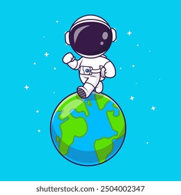 Lindo Astronauta Caminando En La Tierra Ilustración De Vector De Dibujos Animados. Ciencia Tecnología Icon Concept Vector Premium aislado. Estilo plano de la historieta