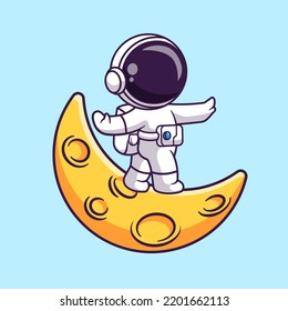 Cute Astronaut Walking On Moon Cartoon Vector Icon Illustration. Science Technology Icon Concept Isolated Premium Vector. Flat Cartoon Style