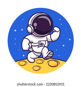 Cute Astronaut Walking On Moon Cartoon Vector Icon Illustration. Science Technology Icon Concept Isolated Premium Vector. Flat Cartoon Style