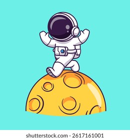 Cute Astronaut Walking On Moon Cartoon Vector Icon Illustration. Science Technology Icon Concept Isolated Premium Vector. Flat Cartoon Style