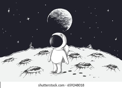 Cute astronaut walking on Moon.Earth is visible far away.Hand drawn style.Childish vector illustration