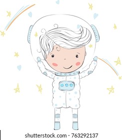 Cute astronaut walking on Moon.Hand drawn style.Childish vector illustration