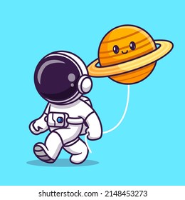 Cute Astronaut Walking With Cute Saturn Planet Cartoon Vector Icon Illustration. Science Technology Icon Concept Isolated Premium Vector. Flat Cartoon Style