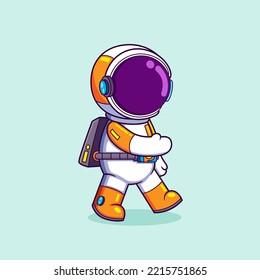 The cute astronaut is walking and stepping on the space of illustration