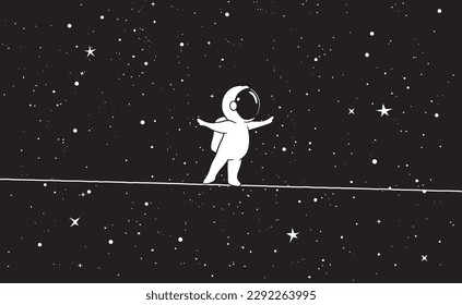 Cute astronaut walks on a tighrope in space