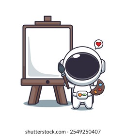 Cute astronaut wants to paint on canvas cartoon vector illustration. vector cartoon illustration suitable for poster, brochure, web, mascot, sticker, logo and icon.