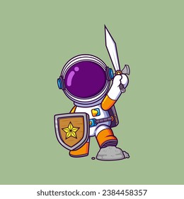 Cute Astronaut Warrior Holding Sword And Shield Cartoon character of illustration
