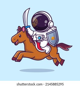 Cute Astronaut Warrior Riding Horse With Sword And Shield Cartoon Vector Icon Illustration. Science Animal Icon Concept Isolated Premium Vector. Flat Cartoon Style