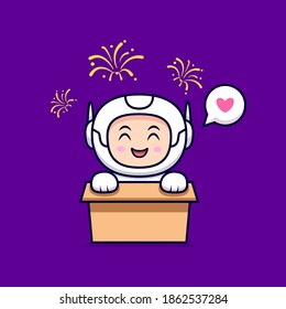 Cute Astronaut Watching Firewoorks Cartoon Vector Icon Illustration. Flat Cartoon Style