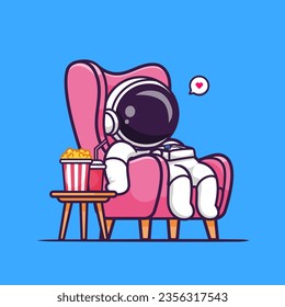 Astronauta Cuidadoso Viendo Película Con Popcorn Y Soda En Marcha 
Ilustración de iconos del vector de dibujos animados de Sofa. Icono de feriado de ciencia 
Vector Premium aislado por concepto. Estilo de dibujo plano