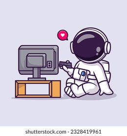 Cute Astronaut Watching Tv Cartoon Vector Icon Illustration. Science Technology Icon Concept Isolated Premium Vector. Flat Cartoon Style