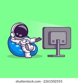 Astronauta Cuidada Viendo La Tv En La Ilustración Del Icono Del Vector De Caricatura De Sofa. Concepto de icono de la tecnología de la ciencia Vector Premium aislado. Estilo de dibujo plano