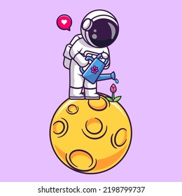 Cute Astronautenwasserblume auf dem Mond Cartoon Vektorsymbol Illustration Science Nature Icon Concept Isolated Premium Vector. Flachbildkartonstil