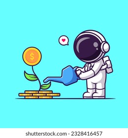 Cute Astronaut Watering Gold Coin Plant Cartoon Vector Icon Illustration. Science Finance Icon Concept Isolated Premium Vector. Flat Cartoon Style