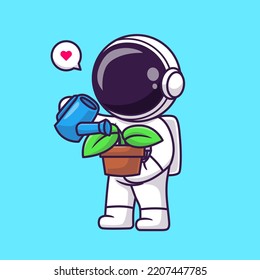 Cute Astronaut Watering Plant Cartoon Vector Icon Illustration. Science Nature Icon Concept Isolated Premium Vector. Flat Cartoon Style