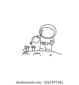 Cute astronaut watering plant style, Cartoon Vector Icon Illustration. Flat Cartoon Style
