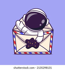 Cute Astronaut Waving Hand In Envelope Cartoon Vector Icon Illustration. Science Technology Icon Concept Isolated Premium Vector. Flat Cartoon Style