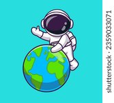 Cute Astronaut Waving Hand On Earth Cartoon Vector Icon Illustration. Science Technology Icon Concept Isolated Premium Vector. Flat Cartoon Style