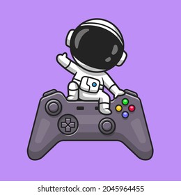 Cute Astronaut Waving Hand On Game Controller Cartoon Vector Icon Illustration. Technology Science Icon Concept Isolated Premium Vector. Flat Cartoon Style