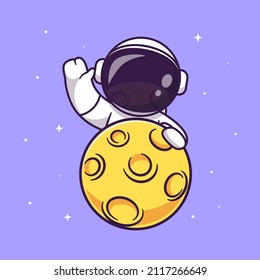 Cute Astronaut Waving Hand On Moon Cartoon Vector Icon Illustration. Science Technology Icon Concept Isolated Premium Vector. Flat Cartoon Style