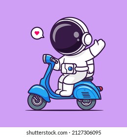 Cute Astronaut Waving Hand On Scooter Cartoon Vector Icon Illustration. Science Transportation Icon Concept Isolated Premium Vector. Flat Cartoon Style