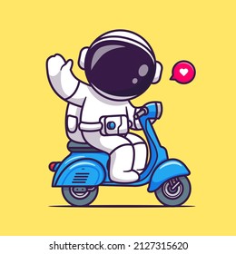 Cute Astronaut Waving Hand On Scooter Cartoon Vector Icon Illustration. Science Transportation Icon Concept Isolated Premium Vector. Flat Cartoon Style