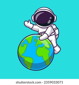 Cute Astronaut Waving Hand On Earth Cartoon Vector Icon Illustration. Science Technology Icon Concept Isolated Premium Vector. Flat Cartoon Style