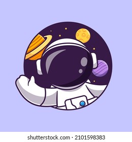 Cute Astronaut Waving Hand In Space Hole Cartoon Vector Icon Illustration. Science Technology Icon Concept Isolated Premium Vector. Flat Cartoon Style