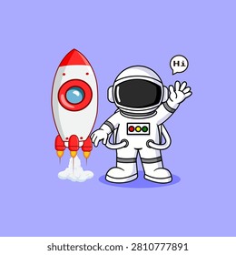 Cute Astronaut Waving Hi Next to Rocket Launch Cartoon Vector Illustration