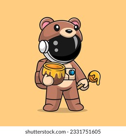 Cute Astronaut Wearing Bear Costume With Honey Cartoon Vector Icon Illustration. Science Animal Icon Concept Isolated Premium Vector. Flat Cartoon Style