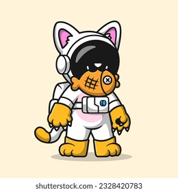Cute Astronaut Wearing Cat Costume with Fish Cartoon Vector Icon Illustration. Science Animal Icon Concept Isolated Premium Vector. Flat Cartoon Style