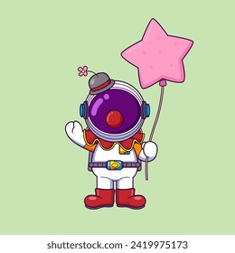 Cute astronaut wearing clown costume and holding star balloon cartoon character of illustration