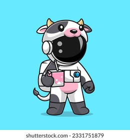 Cute Astronaut Wearing Cow Costume With Milk Cartoon Vector Icon Illustration. Science Animal Icon Concept Isolated Premium Vector. Flat Cartoon Style