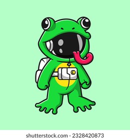 Cute Astronaut Wearing Frog Costume Cartoon Vector Icon Illustration. Science Animal Icon Concept Isolated Premium Vector. Flat Cartoon Style