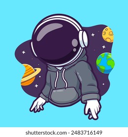 Cute Astronaut Wearing Hoodie Jacket In Space Cartoon Vector Icon Illustration. Science Technology Icon Concept Isolated Premium Vector. Flat Cartoon Style