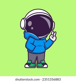 Cute Astronaut Wearing Hoodie With Peace Hand Cartoon Vector Icon Illustration. Science Technology Icon Concept Isolated Premium Vector. Flat Cartoon Style