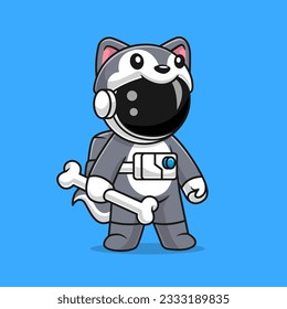 Astronauta Astronauta Con Ropa De Perro Husky Con Ilustración Del Icono Del Vector De Caricatura Ósea. Concepto de icono animal de ciencia Vector Premium aislado. Estilo de dibujo plano