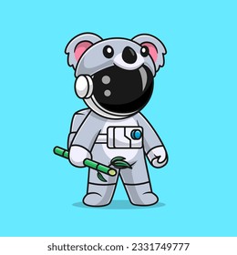 Cute Astronaut Wearing Koala Costume With Bamboo Cartoon Vector Icon Illustration. Science Animal Icon Concept Isolated Premium Vector. Flat Cartoon Style