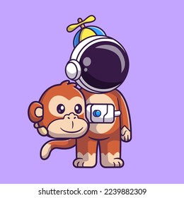 Cute Astronaut Wearing Monkey Costume Cartoon Vector Icon Illustration. Science Animal Icon Concept Isolated Premium Vector. Flat Cartoon Style