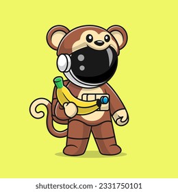Cute Astronaut Wearing Monkey Costume With Banana Cartoon Vector Icon Illustration. Science Animal Icon Concept Isolated Premium Vector. Flat Cartoon Style