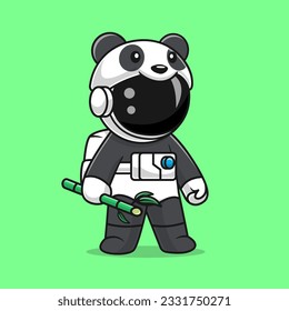 Cute Astronaut Wearing Panda Costume With Bamboo Cartoon Vector Icon Illustration. Science Animal Icon Concept Isolated Premium Vector. Flat Cartoon Style