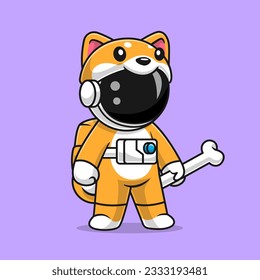 Cute Astronaut Wearing Shiba Inu Dog Costume With Bone Cartoon Vector Icon Illustration. Science Animal Icon Concept Isolated Premium Vector. Flat Cartoon Style