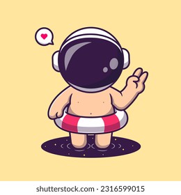 Cute Astronaut Wearing Swimming Tires In Space Pool Cartoon Vector Icon Illustration. Science Holiday Icon Concept Isolated Premium Vector. Flat Cartoon Style