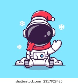 Astronauta Cuidadosa Con Ilustración Del Icono Del Vector De Caricaturas De Invierno Y Sombrero De Beanie. Vector Premium Aislado De Icono De Festividad Científica. Estilo de dibujo plano