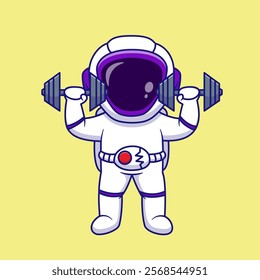 Cute Astronaut Weight Lifting Dumbbell Cartoon Vector Illustration. Science Technology Sport Concept. Flat Cartoon Outline Style.